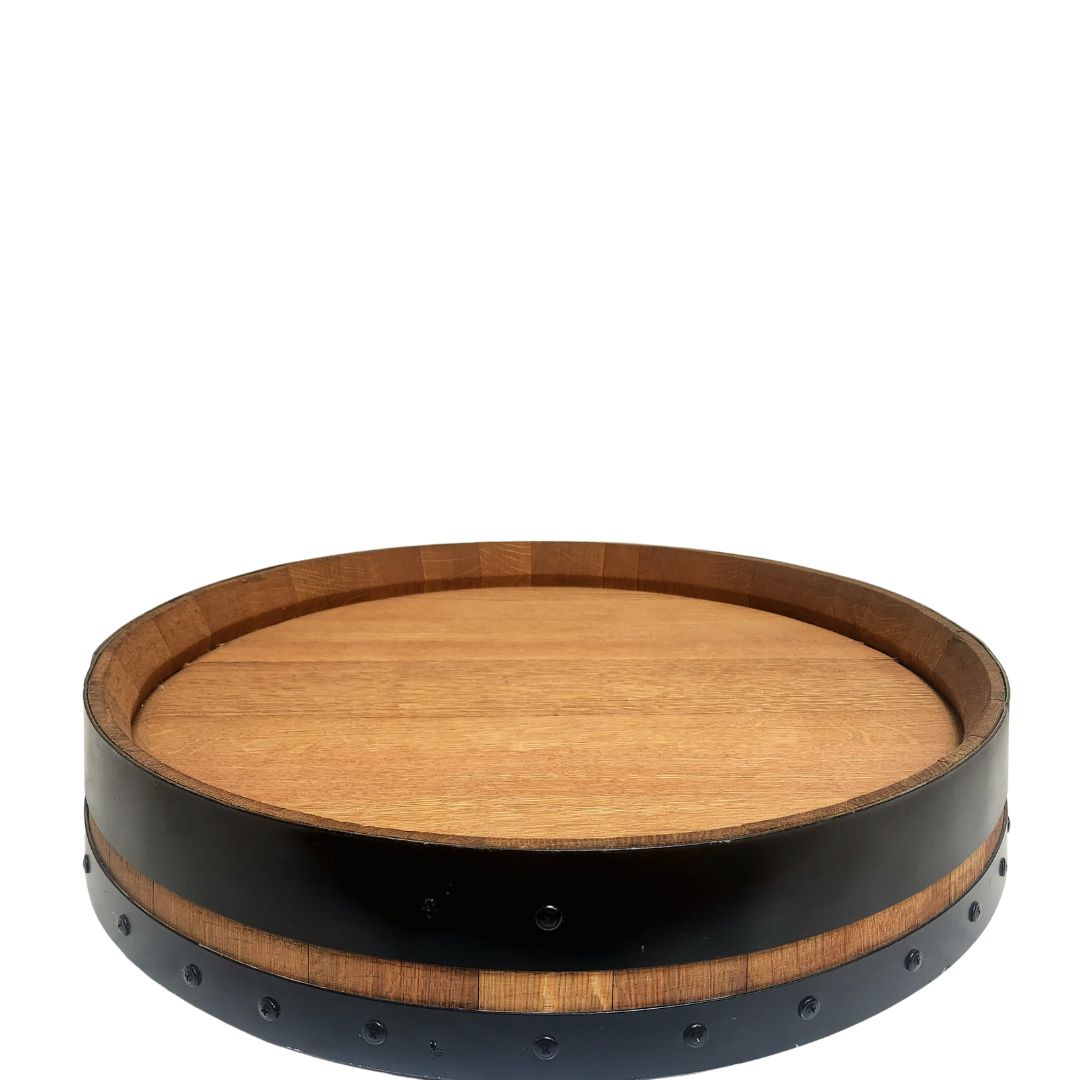 Wine Barrel Top Lazy Susan with Double Metal Ring-Black Bands - WhiskeyandWineDesign