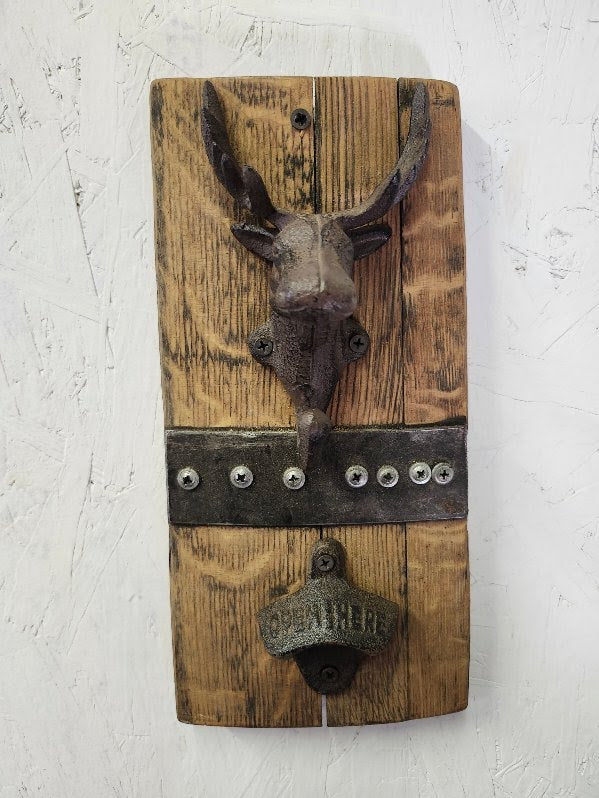 Bottle Opener Moose Mounted on Barrel Oak Stave with Small Bottle Opener