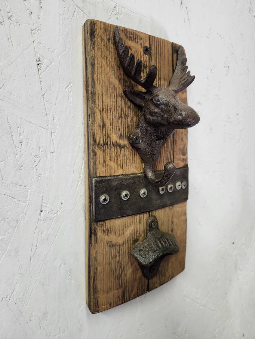 Bottle Opener Moose Mounted on Barrel Oak Stave with Small Bottle Opener