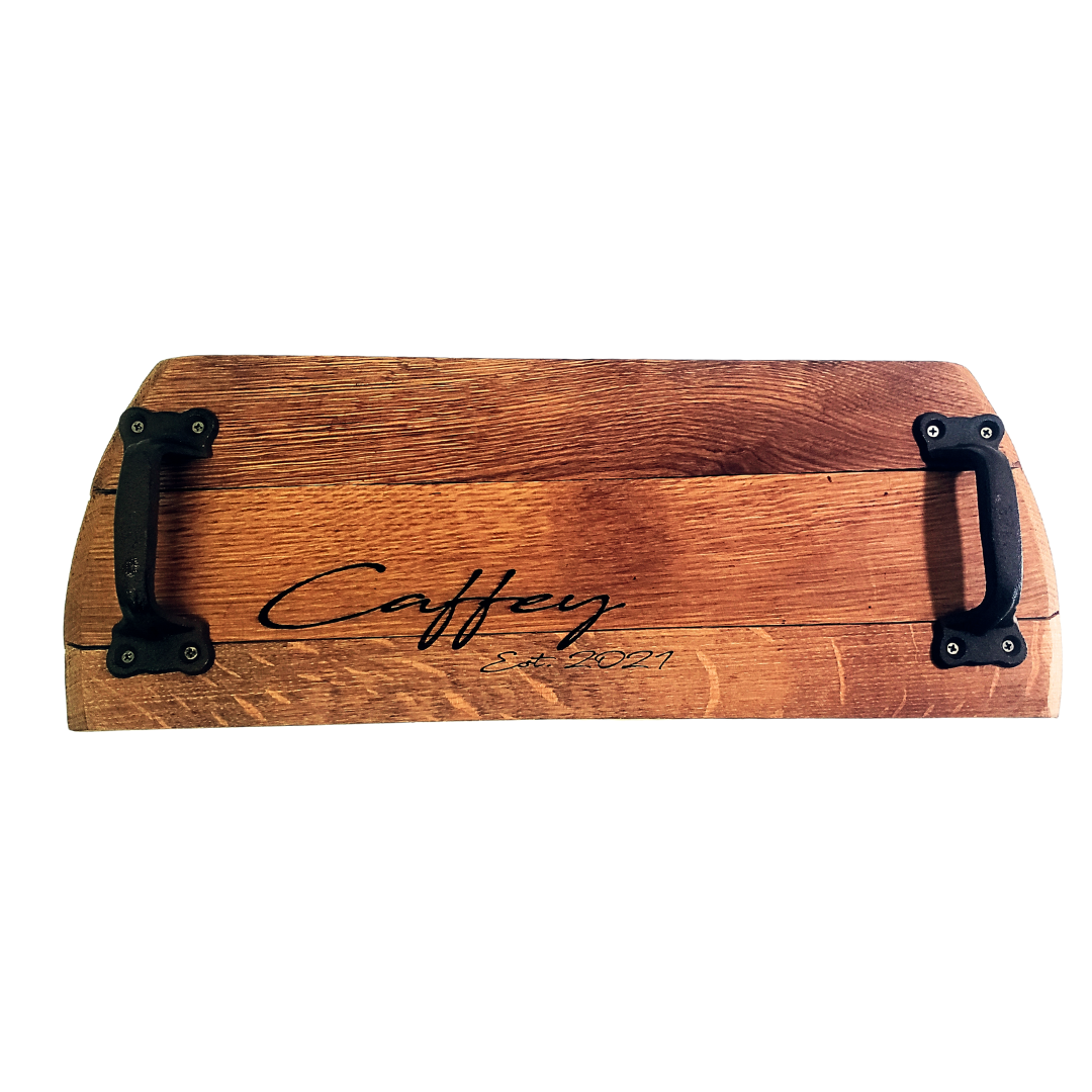 Wine Barrel Head Cheese/Serving Tray with Cast Iron or Black Handles | Food Safe - WhiskeyandWineDesign