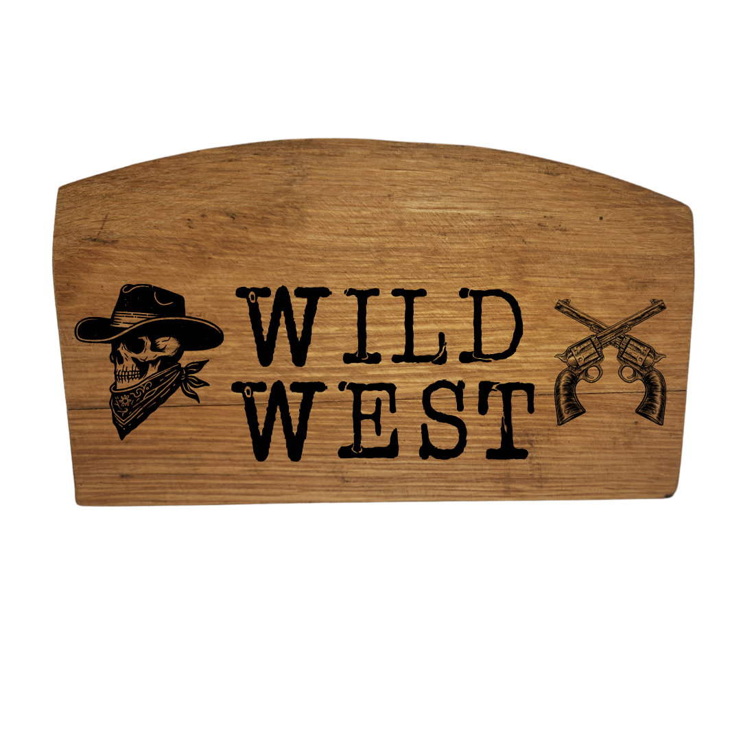 Western Block Sign Laser Engraved Made from Repurposed Whiskey or Wine Barrel Heads