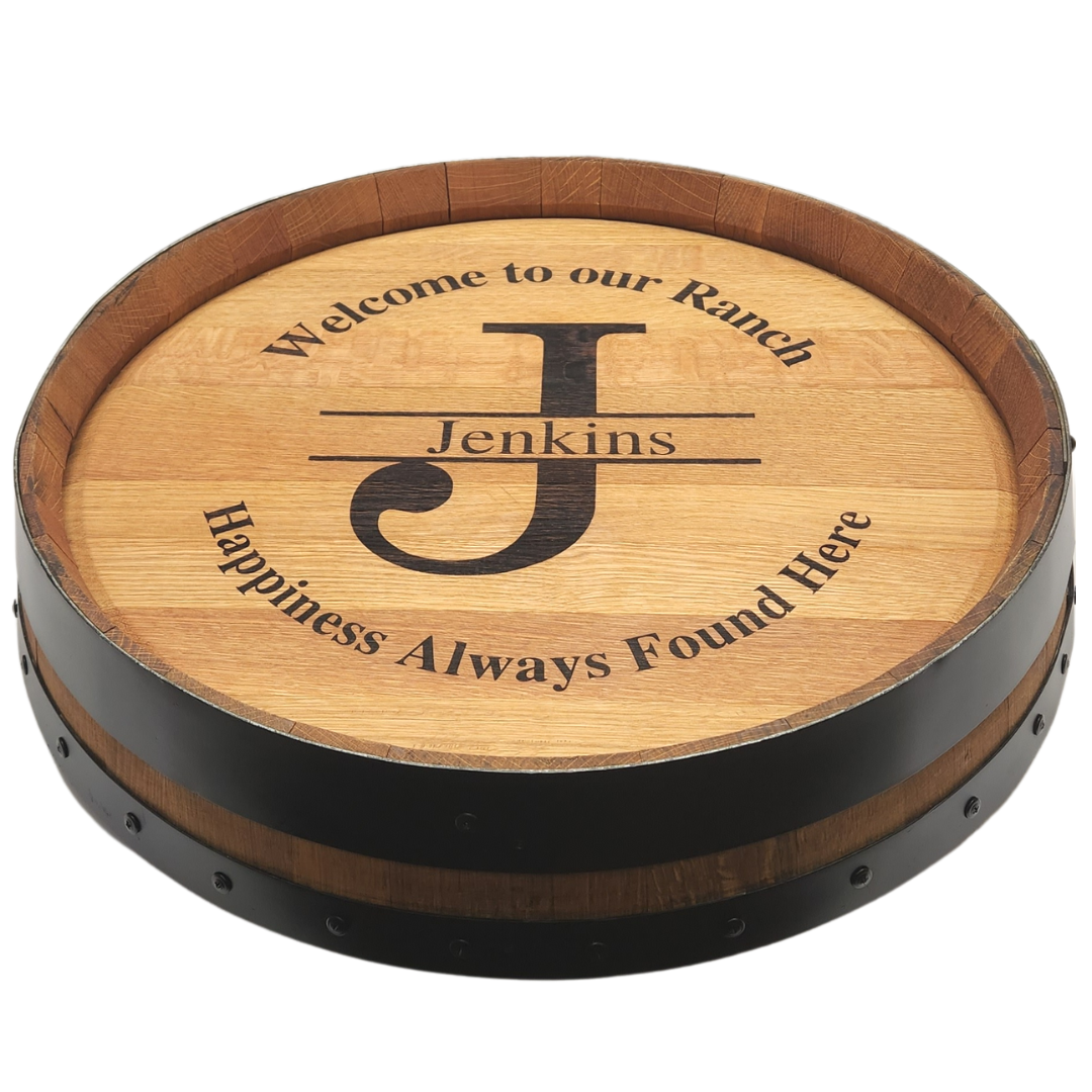 Wine Barrel Top Lazy Susan with Double Metal Ring-Black Bands - WhiskeyandWineDesign