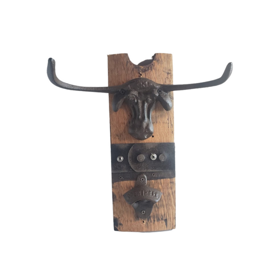 Hand-Crafted Stave Barrel Bottle Opener with Longhorn Hardware - WhiskeyandWineDesign