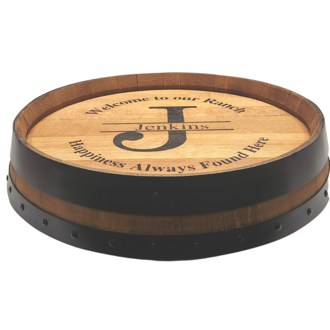 Wine Barrel Top Lazy Susan with Double Metal Ring-Black Bands - WhiskeyandWineDesign