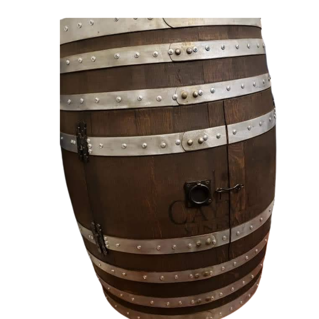 Bourbon or Wine Double Door Barrel Cabinet with 2 Shelves and LED Light - WhiskeyandWineDesign