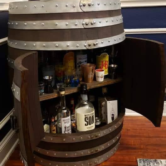 Bourbon or Wine Double Door Barrel Cabinet with 2 Shelves and LED Light - WhiskeyandWineDesign