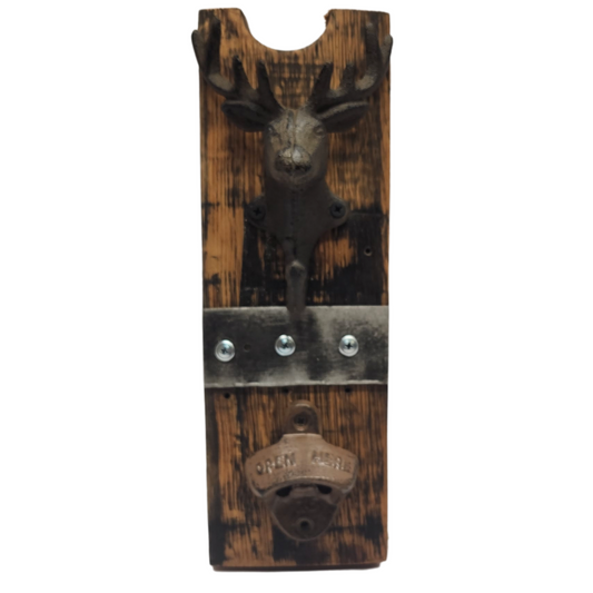 Bottle Opener Elk Mounted on Barrel Oak Stave with Small Bottle Opener - WhiskeyandWineDesign