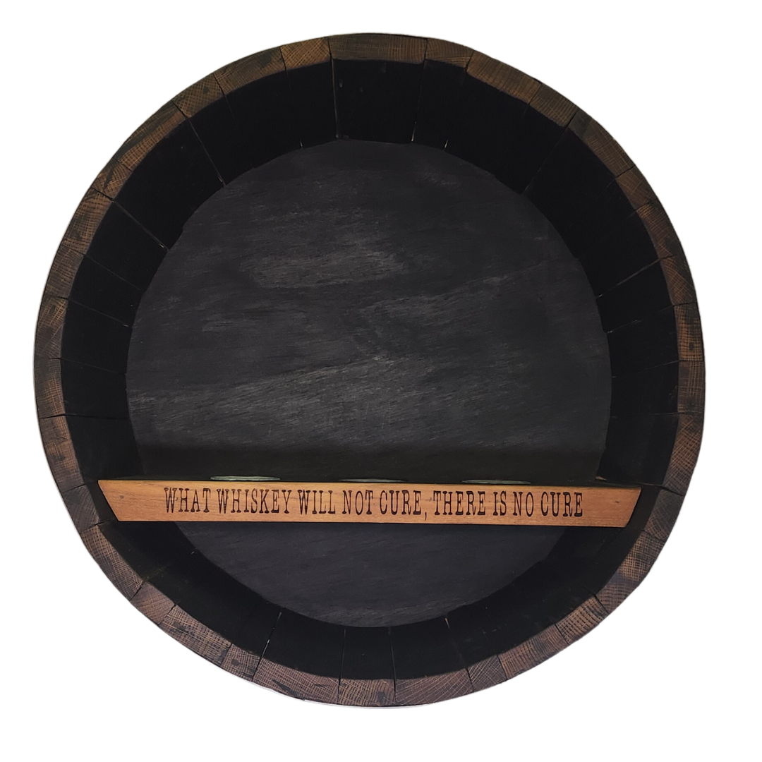 Whiskey Barrel Shelf with Punny Quotes and LED Lights - WhiskeyandWineDesign