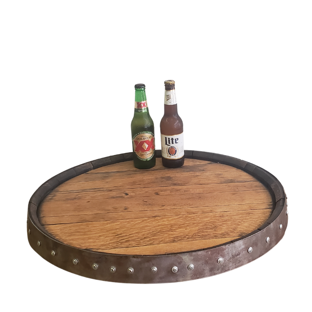 Bourbon Single Susan Lazy Tray - Bourbon Barrel Top Lazy Susan with Cast Iron Handles - WhiskeyandWineDesign