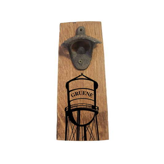 Repurposed Barrel Stave Bottle Opener with Custom Watertower Image - WhiskeyandWineDesign