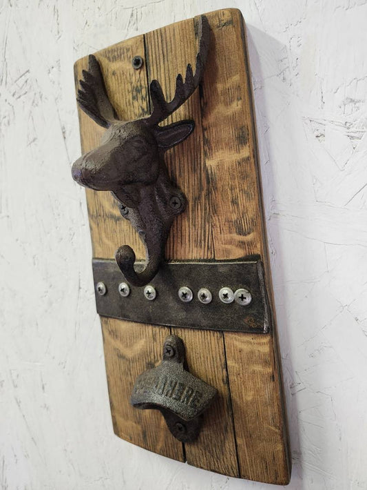 Bottle Opener Moose Mounted on Barrel Oak Stave with Small Bottle Opener