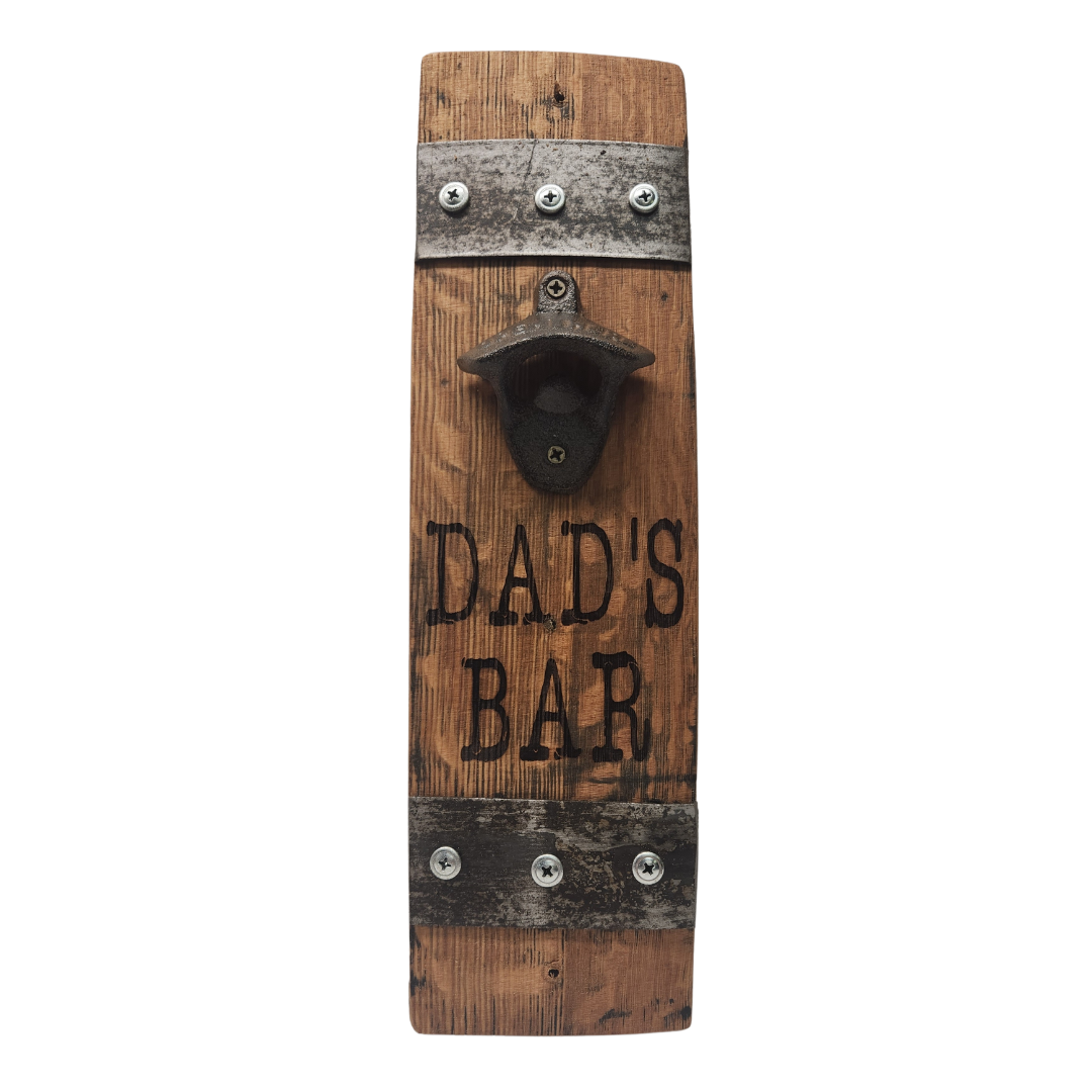 Hand-Crafted Stave Barrel Bottle Opener with Metal Bands - WhiskeyandWineDesign