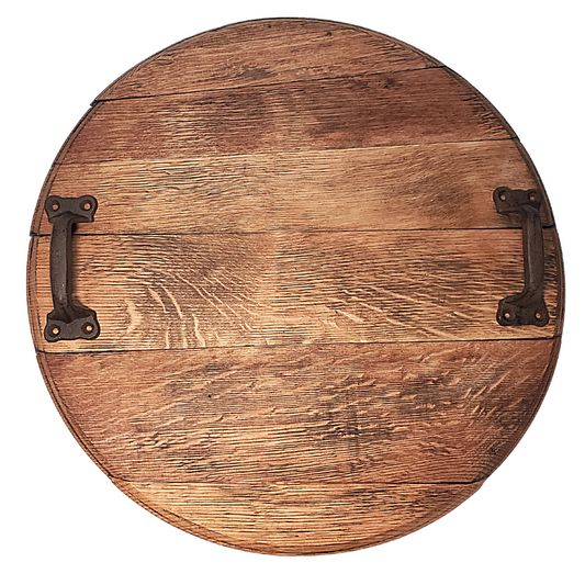 Custom Wine Barrel Head Lazy Susan Tray with Cast Iron Handles - WhiskeyandWineDesign