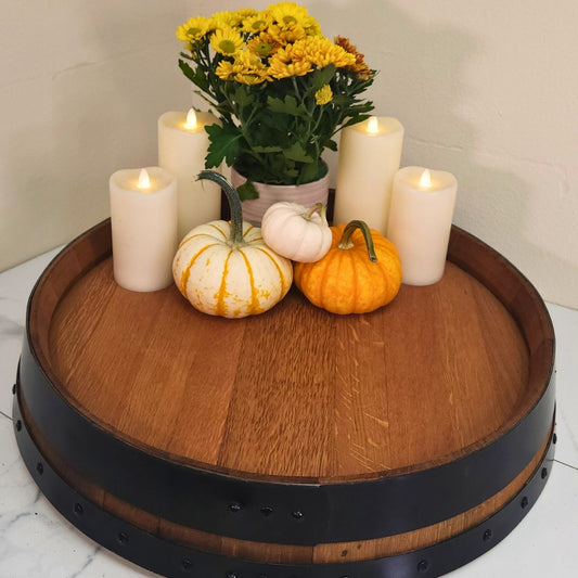 Wine Barrel Top Lazy Susan with Double Metal Ring-Black Bands - WhiskeyandWineDesign