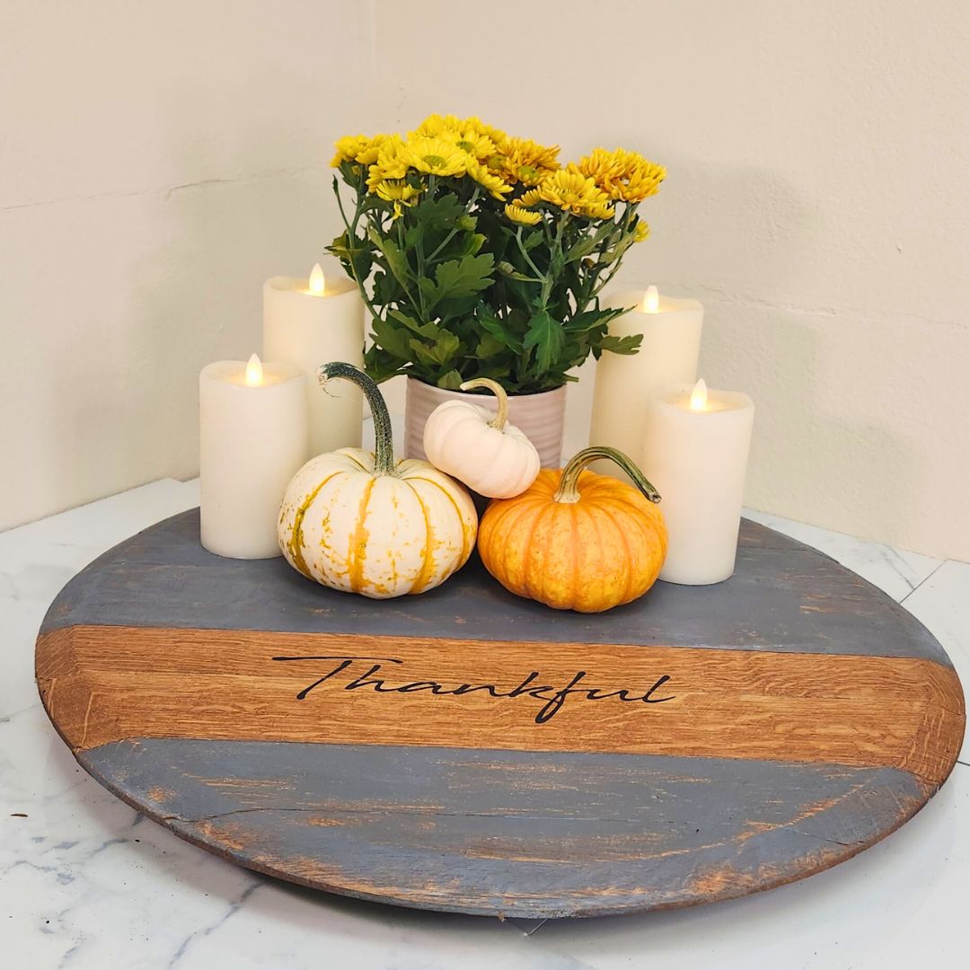 Wine Barrel Head Tray with Scripts - Gray Wash - WhiskeyandWineDesign