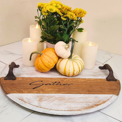 Wine Barrel Head Tray with Scripts - White Wash - WhiskeyandWineDesign