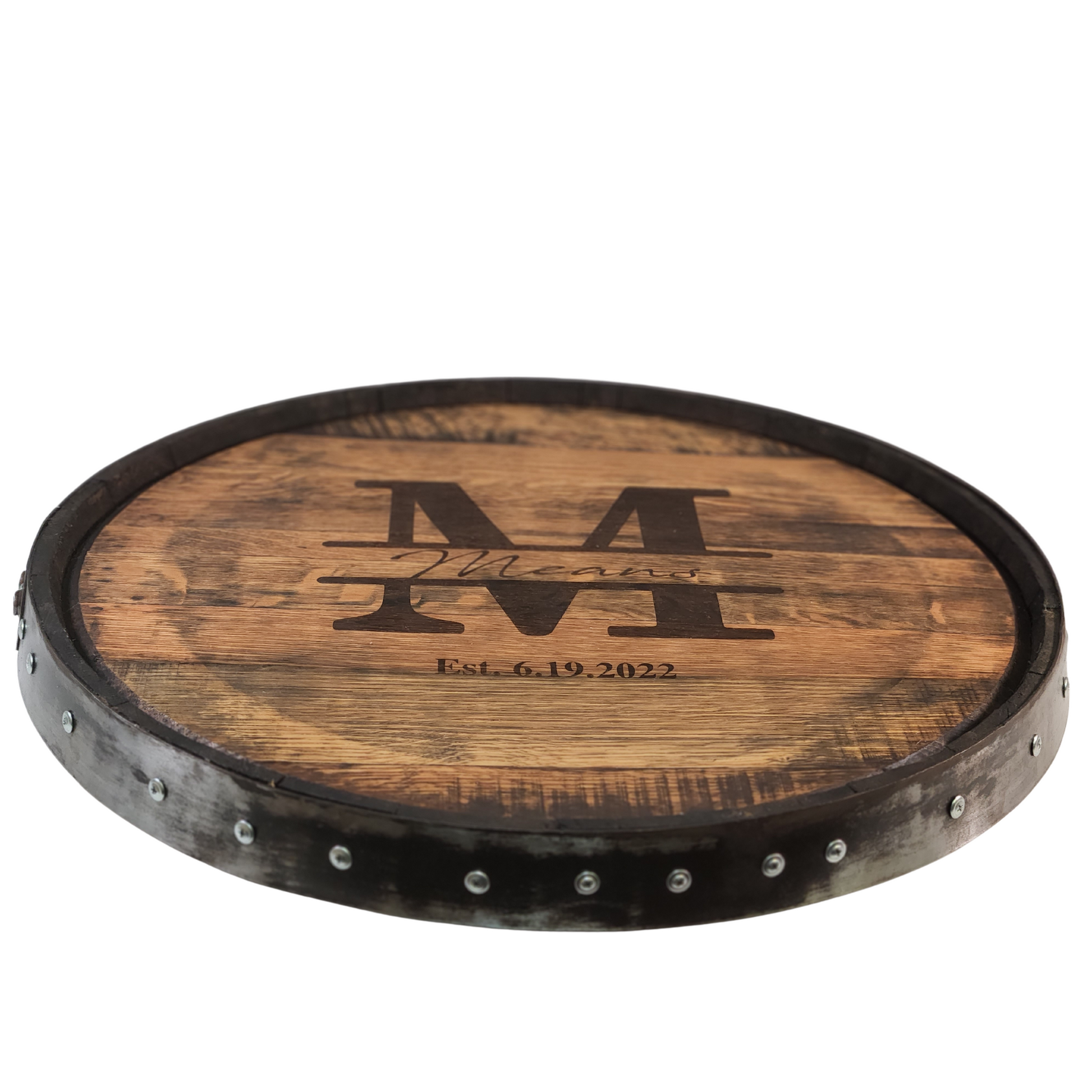 Whiskey Barrel Head Lazy Susan with Single Metal Ring - WhiskeyandWineDesign