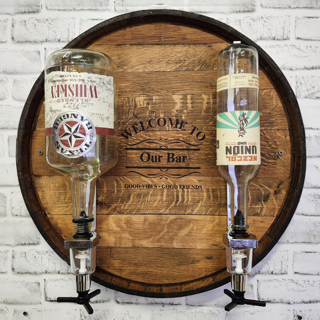 Whiskey Barrel Head Liquor Dispenser with Single Metal Ring - WhiskeyandWineDesign