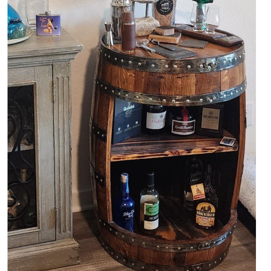 Bourbon or Wine Barrel Open Barrel Shelf Cabinet - WhiskeyandWineDesign