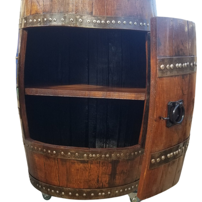 Bourbon or Wine Barrel Single Door Cabinet/ 2 Shelves / LED Light with Remote - WhiskeyandWineDesign