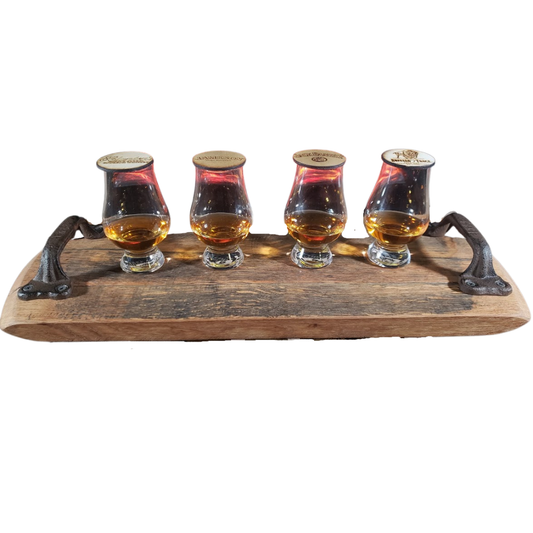 Bourbon Barrel Head Flight/Serving Tray with Cast Iron Antique Handles - WhiskeyandWineDesign