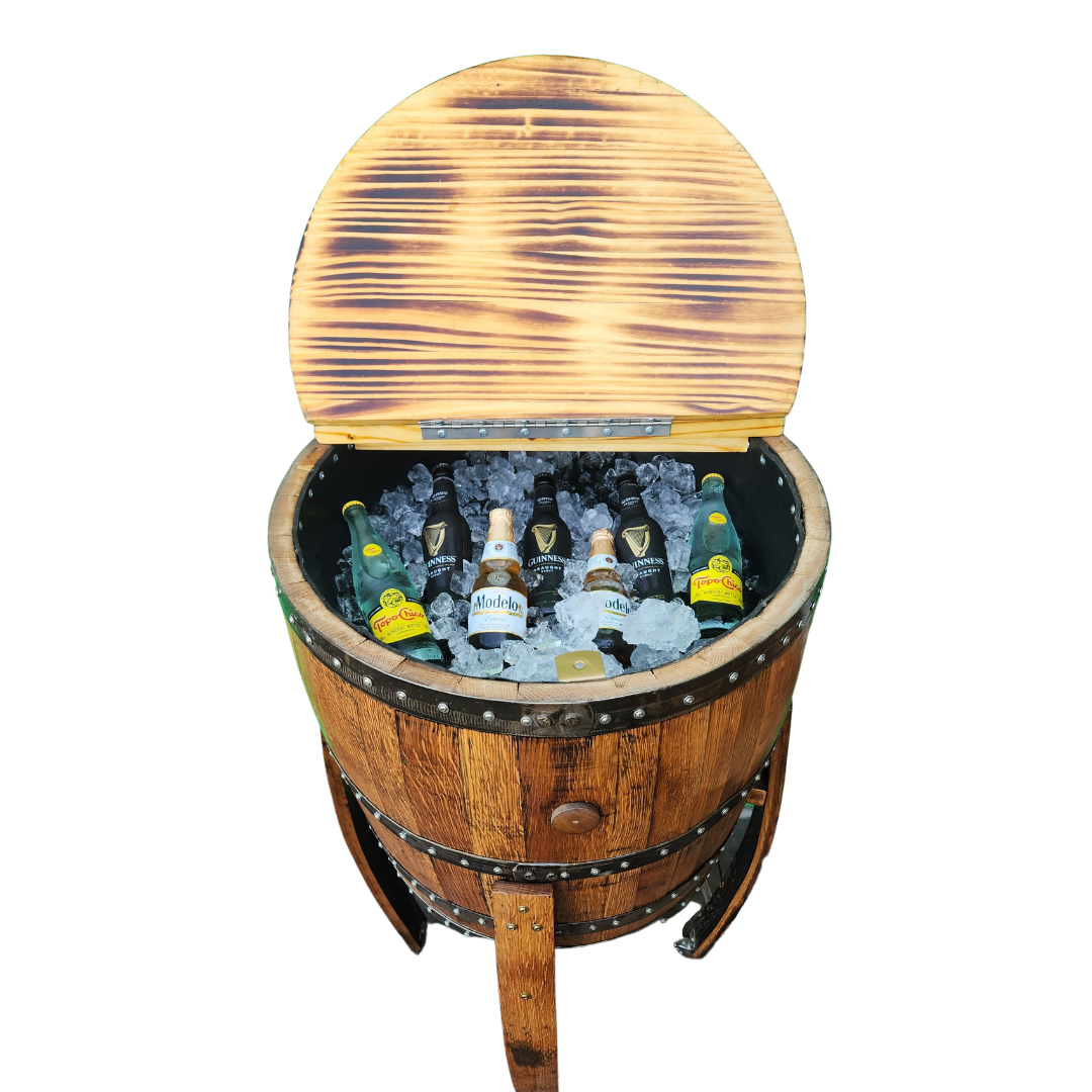 Barrel Cooler - Genuine Bourbon or Wine Barrel with Wheeled Casters - WhiskeyandWineDesign