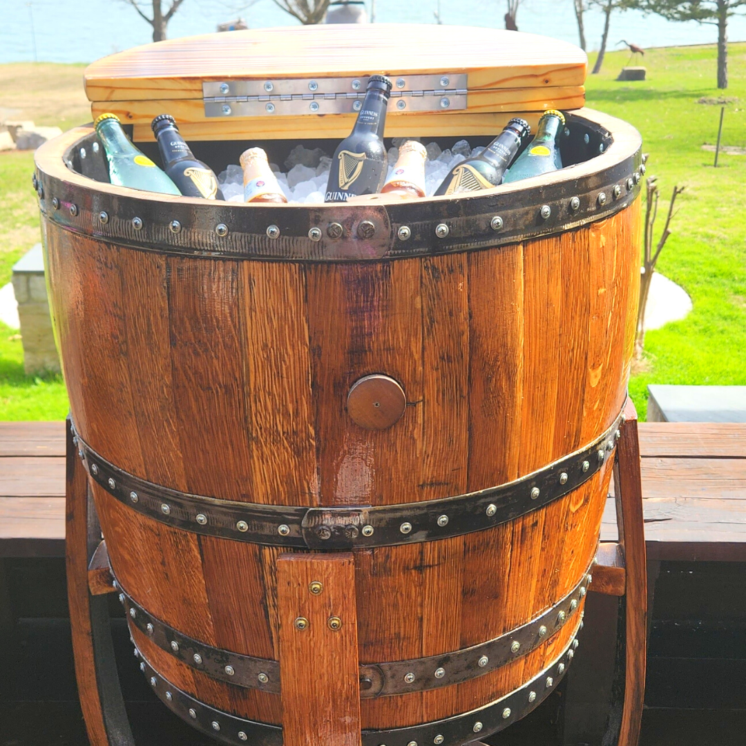 Barrel Cooler - Genuine Bourbon or Wine Barrel with Wheeled Casters - WhiskeyandWineDesign