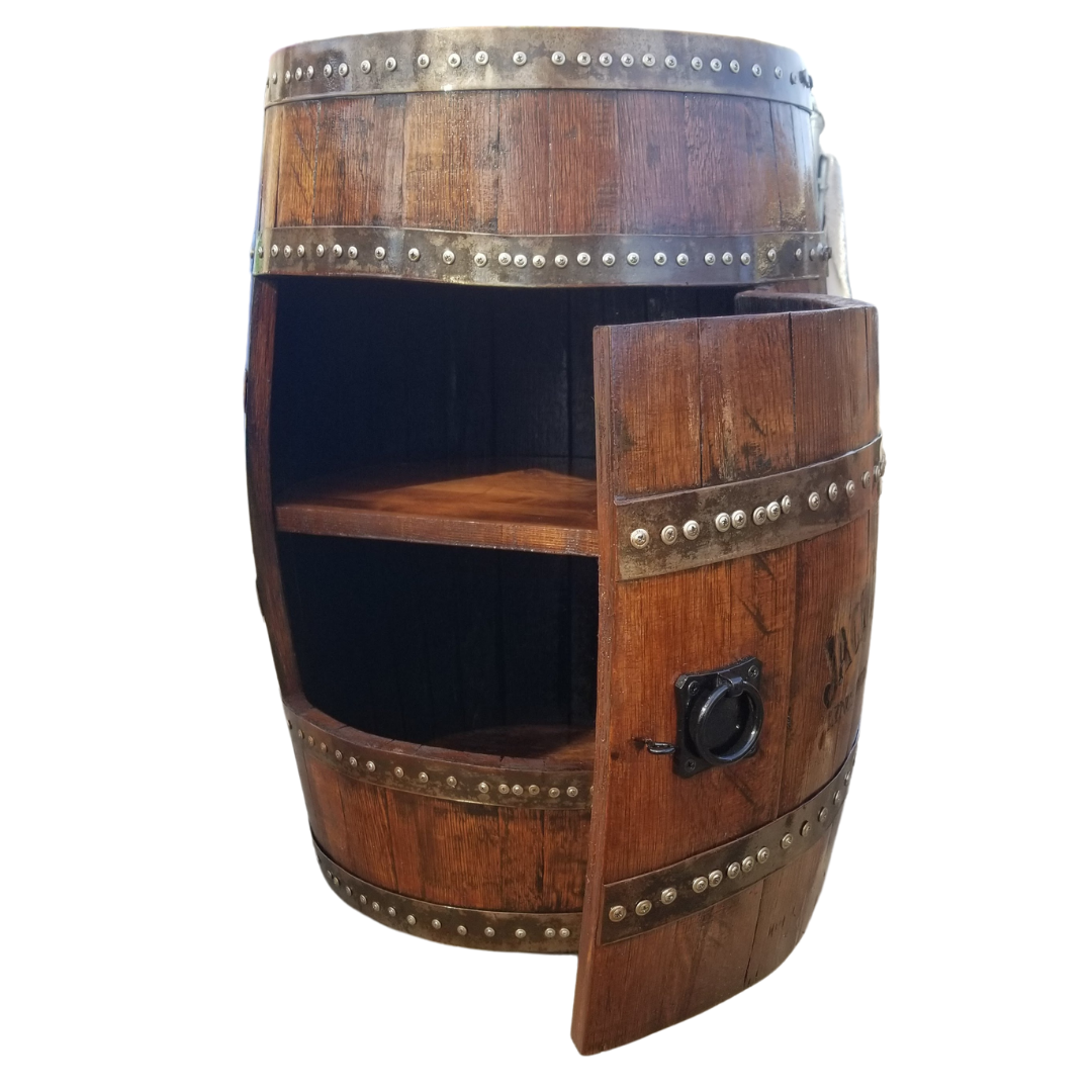 Bourbon or Wine Barrel Single Door Cabinet/ 2 Shelves / LED Light with Remote - WhiskeyandWineDesign