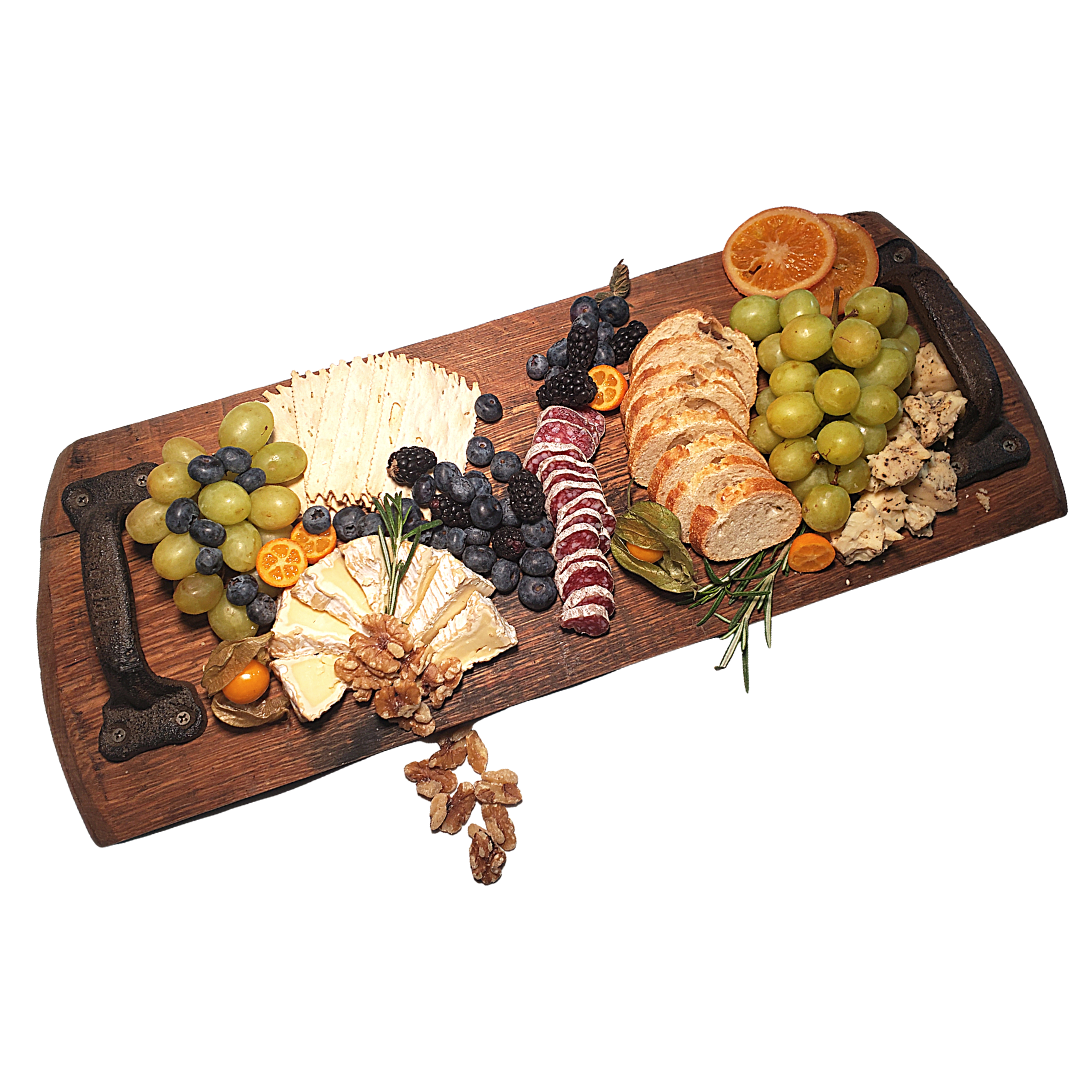 Wine Barrel Head Cheese/Serving Tray with Cast Iron or Black Handles | Food Safe - WhiskeyandWineDesign