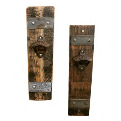 Hand-Crafted Stave Barrel Bottle Opener with Metal Bands - WhiskeyandWineDesign