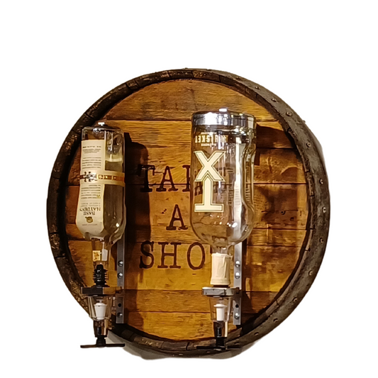 Whiskey Barrel Head Liquor Dispenser with Single Metal Ring - WhiskeyandWineDesign