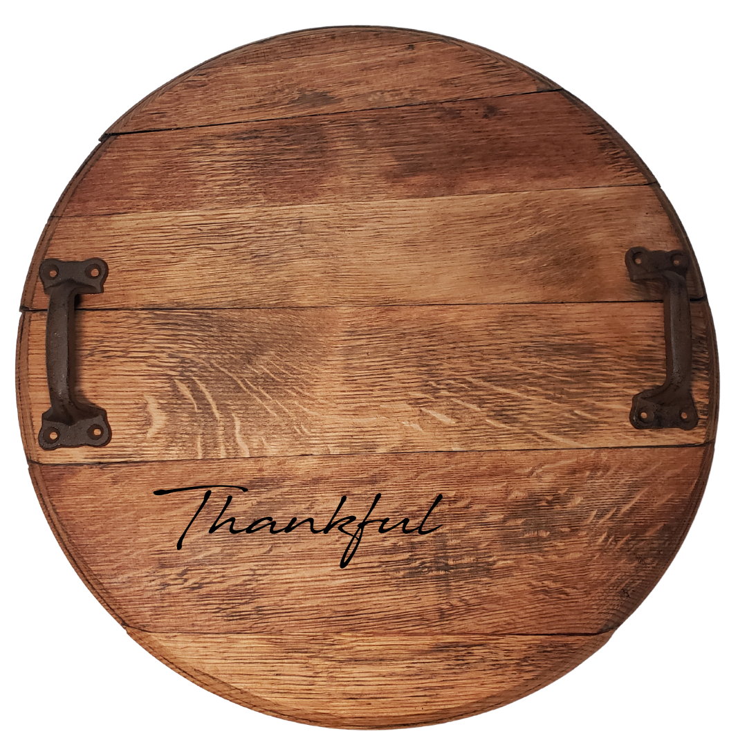 Wine Barrel Head Tray with Scripts - Natural - WhiskeyandWineDesign