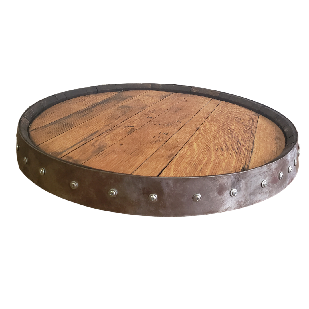 Whiskey Barrel Head Lazy Susan with Single Metal Ring - WhiskeyandWineDesign