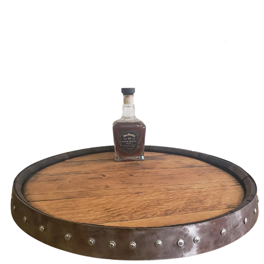 Bourbon Single Susan Lazy Tray - Bourbon Barrel Top Lazy Susan with Cast Iron Handles - WhiskeyandWineDesign