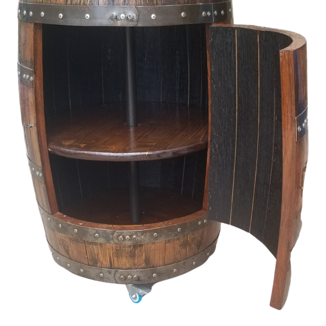 Bourbon or Wine Barrel Single Door Cabinet/ 2 Shelves / LED Light with Remote - WhiskeyandWineDesign